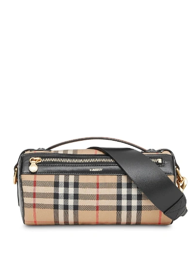 Shop Burberry The Vintage Check And Leather Barrel Bag In Brown