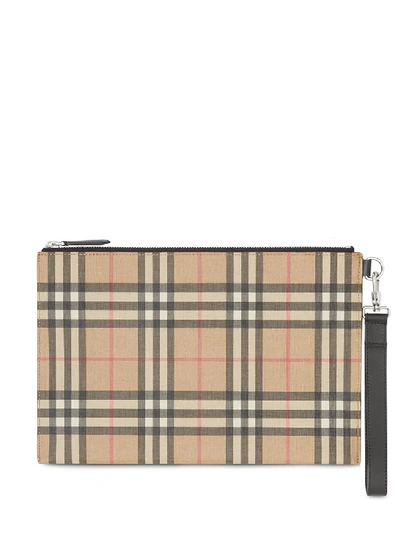 Shop Burberry Vintage Check E-canvas And Leather Zip Pouch In Brown