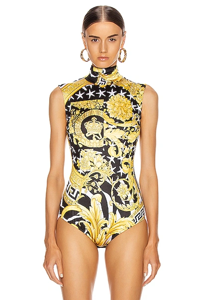 Shop Versace Print Mockneck Bodysuit In Black & Yellow