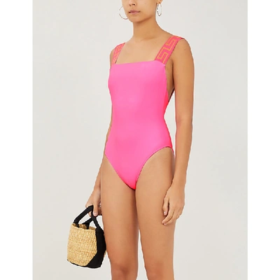 Shop Versace Logo-print Swimsuit In Fuxia