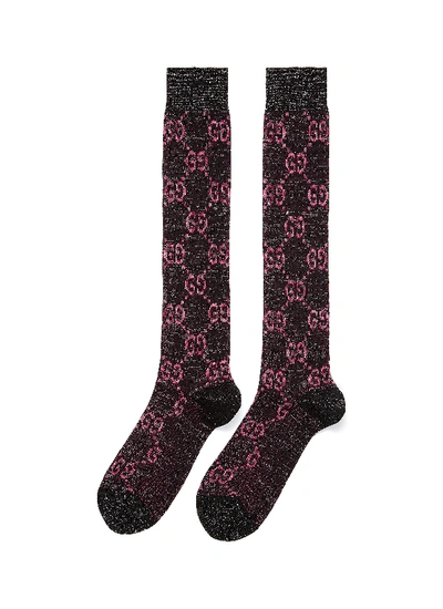 Shop Gucci Gg Logo Intarsia Socks In Black / Pink