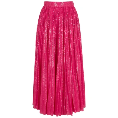Shop Msgm Fuchsia Pleated Sequin Midi Skirt