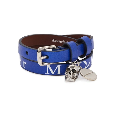 Shop Alexander Mcqueen Blue Logo-print Leather Wrap Bracelet In Blue And White