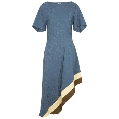 Shop Loewe Blue Feather-jacquard Satin Midi Dress