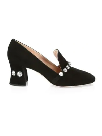 Shop Miu Miu Women's Jewelled Block-heel Suede Loafers In Black