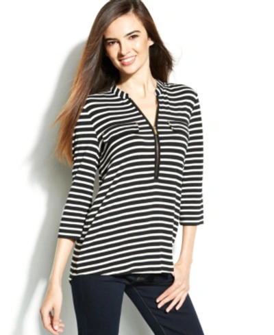 Shop Calvin Klein Roll-tab Striped Zip-front Top In Black/birch