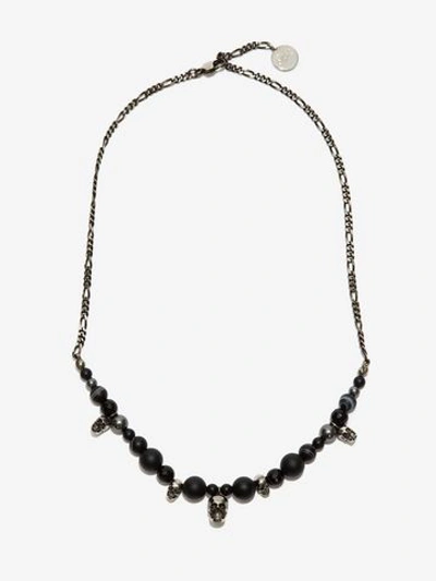 Shop Alexander Mcqueen Pearl And Skull Bead Necklace In Silver/jet Black