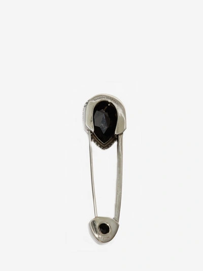 Shop Alexander Mcqueen Jeweled Safety Pin In Silver/jet Black