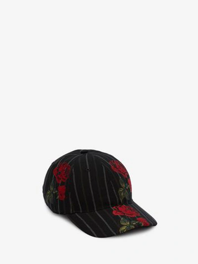 Shop Alexander Mcqueen Rose Pinstripe Baseball Cap In Black/red