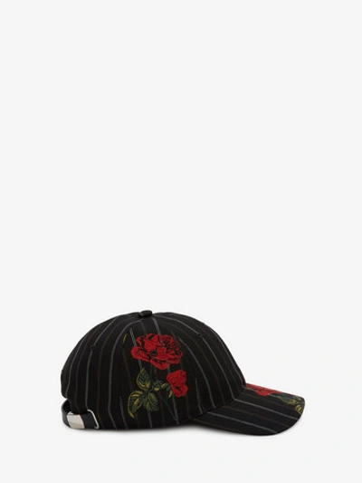 Shop Alexander Mcqueen Rose Pinstripe Baseball Cap In Black/red