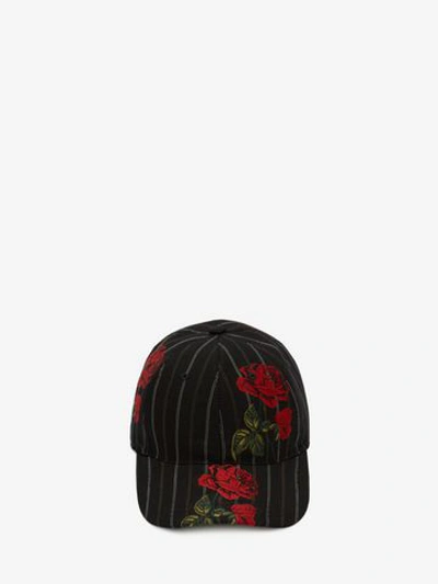 Shop Alexander Mcqueen Rose Pinstripe Baseball Cap In Black/red