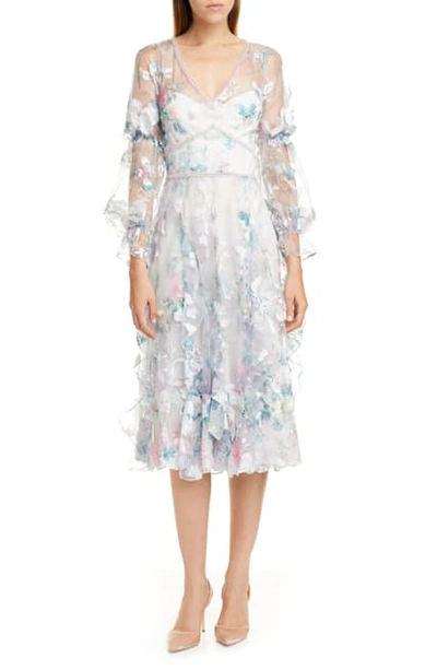 Shop Marchesa Notte Embroidered Long Sleeve Tulle Midi Dress In Ivory