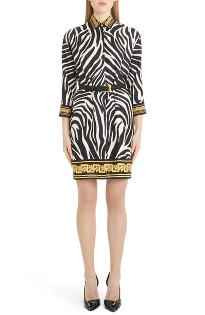 Shop Versace Contrast Trim Zebra Print Belted Silk Shirtdress