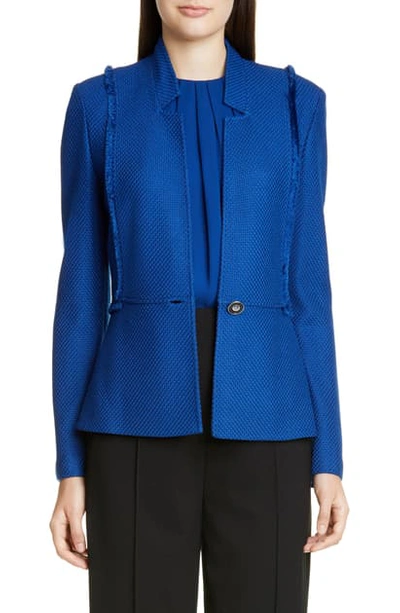 Shop St John Gridded Texture Knit Jacket In Prussian Blue