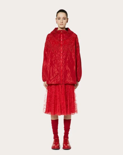Shop Valentino Techno Taffeta And Chantilly Lace Pea Coat In Red
