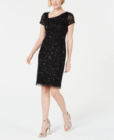 Shop Adrianna Papell Hand-beaded Sheath Dress In Black