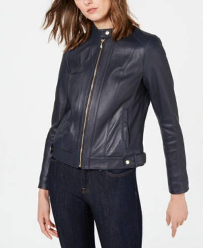 Shop Cole Haan Seamed Leather Jacket In Navy