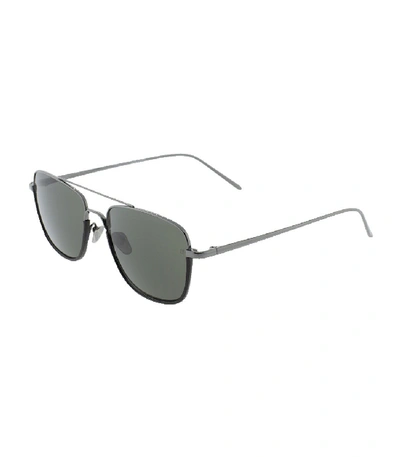 Shop Linda Farrow Aviator Black Leather Sunglasses In Black/grey