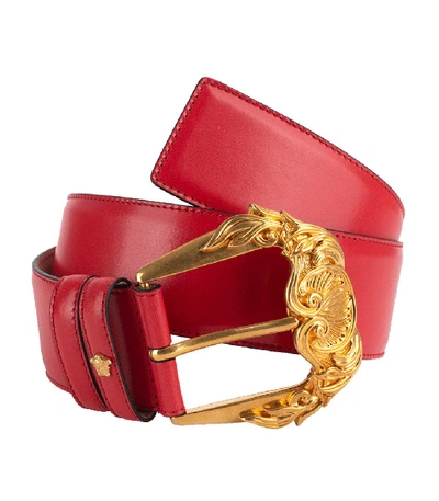 Shop Versace Gold Buckle Wide Leather Belt In Red