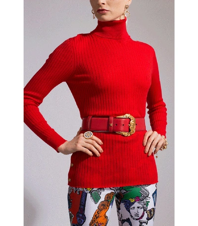 Shop Versace Gold Buckle Wide Leather Belt In Red