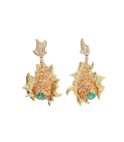 Shop Arunashi Emerald And Diamond Fish Earrings In Yellow Gold
