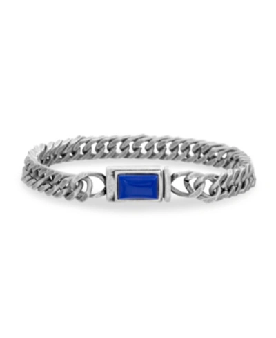 Shop Steve Madden Men's Blue Simulated Lapis Rectangle Design Curb Chain Bracelet In Stainless Steel