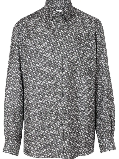 Shop Burberry Monogram Print Silk Twill Shirt In Grey