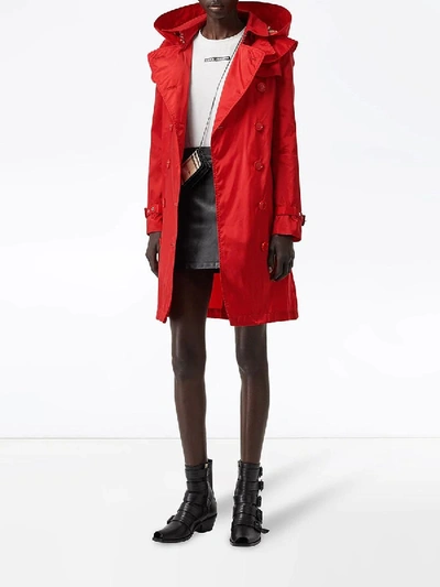 Shop Burberry Bright Red Detachable Hood Technical Nylon Trench Coat
