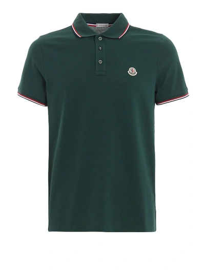 Shop Moncler Tricolour Trim Green Cotton Pique Polo Shirt In Dark Green