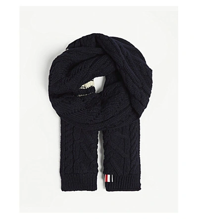 Shop Thom Browne Aran Cable Knit Wool-blend Scarf In Navy