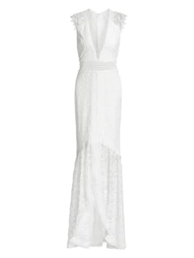 Shop ml Monique Lhuillier Plunging High-low Lace Gown In White