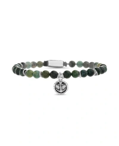 Shop Steve Madden Men's Oxidized Simulated Green Bead Bracelet With Anchor Charm In Multi