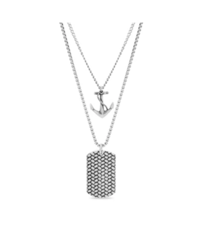 Shop Steve Madden Men's Anchor And Dogtag Double Strand Necklace In Stainless Steel In Silver