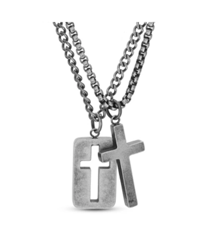 Shop Steve Madden Men's Cross And Open Cross Dogtag Duo Necklace Set In Stainless Steel In Silver