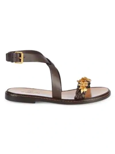 Shop Valentino Floral Leather Ankle-strap Sandals In Brown