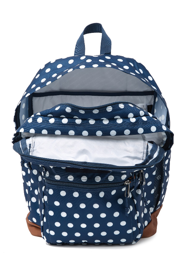 jansport cool student backpack dark denim polka dot