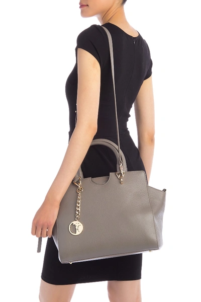 Shop Versace Saffiano Leather Satchel In Dk Taupe