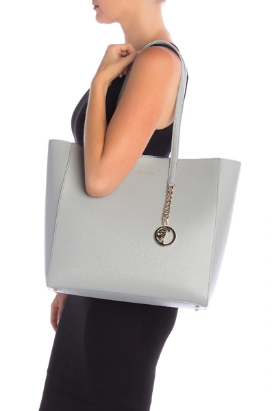 Shop Versace Saffiano Leather Tote Bag In Grey