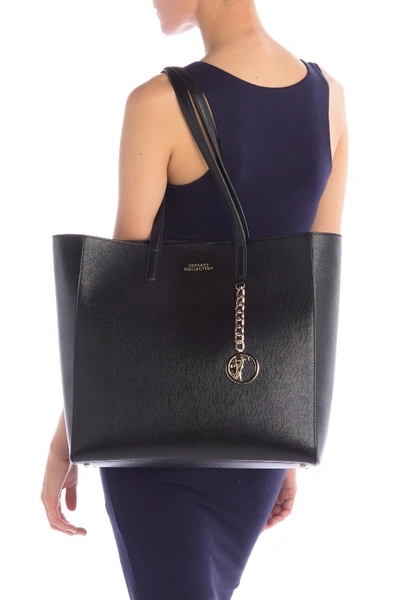 Shop Versace Saffiano Leather Tote Bag In Black