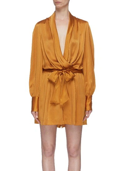 Shop Zimmermann Belted Ruched Drape Silk Satin Wrap Rompers