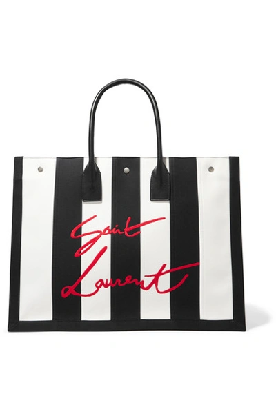 Shop Saint Laurent Noe Leather-trimmed Embroidered Striped Canvas Tote In Black