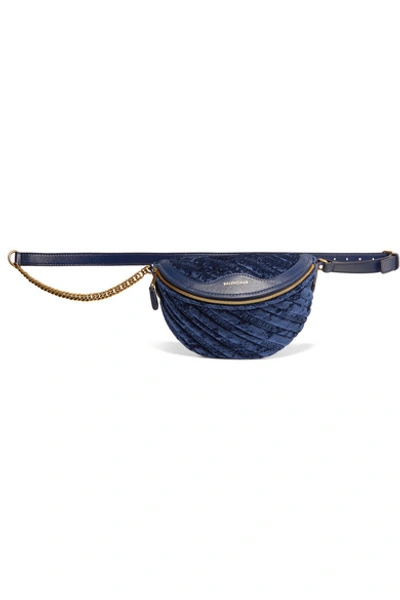 Shop Balenciaga Souvenir Xxs Aj Velvet And Leather Belt Bag In Navy