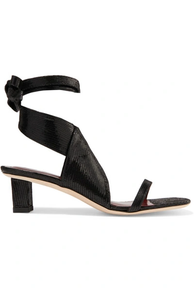 Shop Staud Rui Lizard-effect Leather Sandals In Black