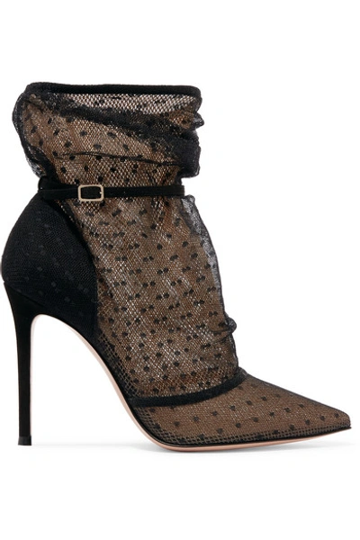 Shop Gianvito Rossi 105 Polka-dot Tulle And Suede Ankle Boots In Black