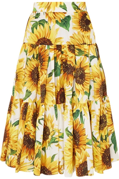 Shop Dolce & Gabbana Tiered Floral-print Cotton-poplin Skirt In Yellow
