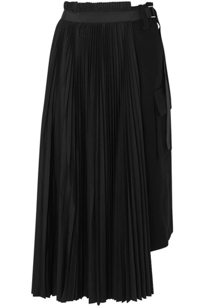 Shop Sacai Belted Pleated Wool And Crepe Midi Skirt In Black