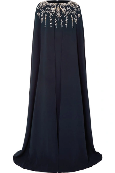 Shop Oscar De La Renta Cape-effect Crystal-embellished Silk-blend Crepe Gown In Navy