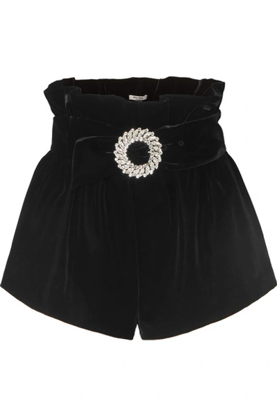 Shop Miu Miu Belted Velvet Shorts In Black
