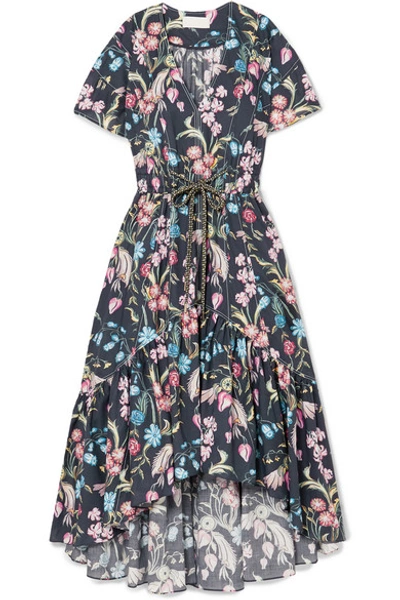 Shop Peter Pilotto Floral-print Cotton Midi Dress In Navy