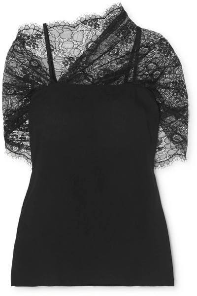 Shop Prada Cape-effect Lace And Georgette Top In Black